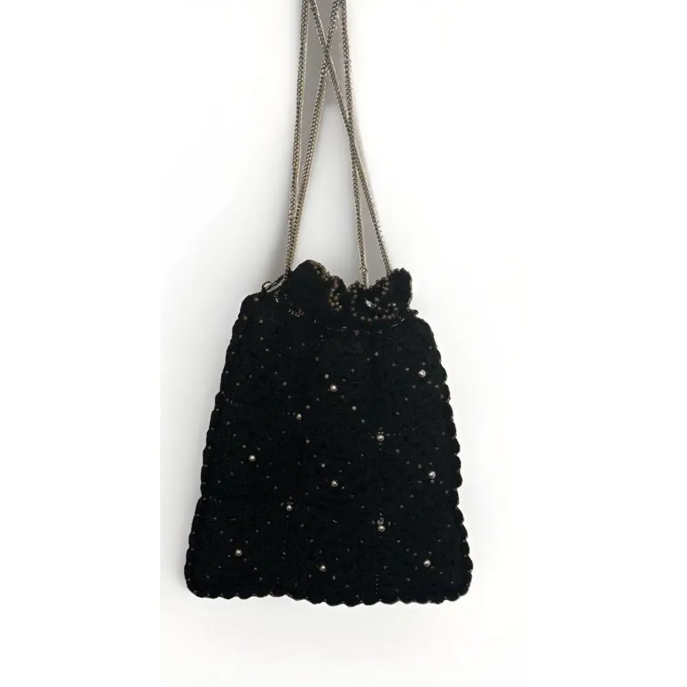 Vintage Black Cinch crochet Knit Handbag Silver Chain Hand Strap Jeweled 10x8”